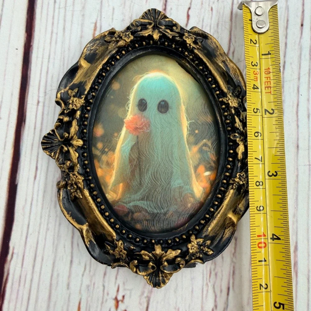 Whimsical Ghost Decoupage Art Print Ornate Black Gold Resin Frame 4.5